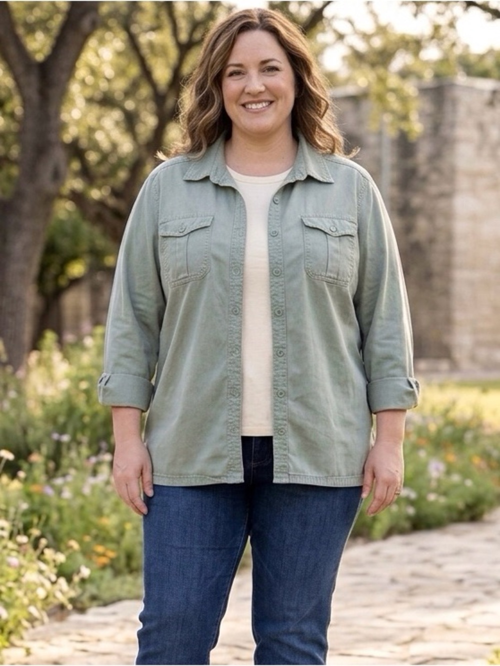 Vtg Y2K Cherokee Plus Size 18W Sage Green Heavy Cotton Utility Shacket Grunge